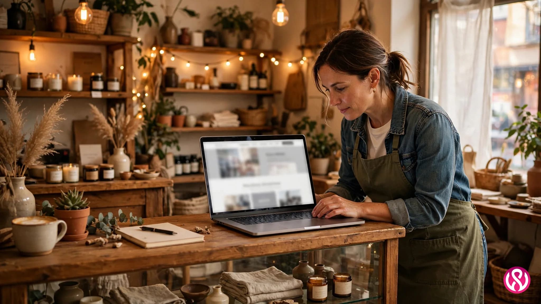 Cheap website design services: a small business owner reviewing a new affordable website on a laptop at a shop counter